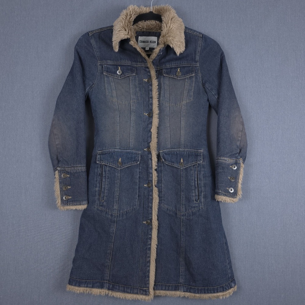Vintage Charles Klein‎ Y2K Denim Jacket Womens Small Faux Fur Lined Boho Trench